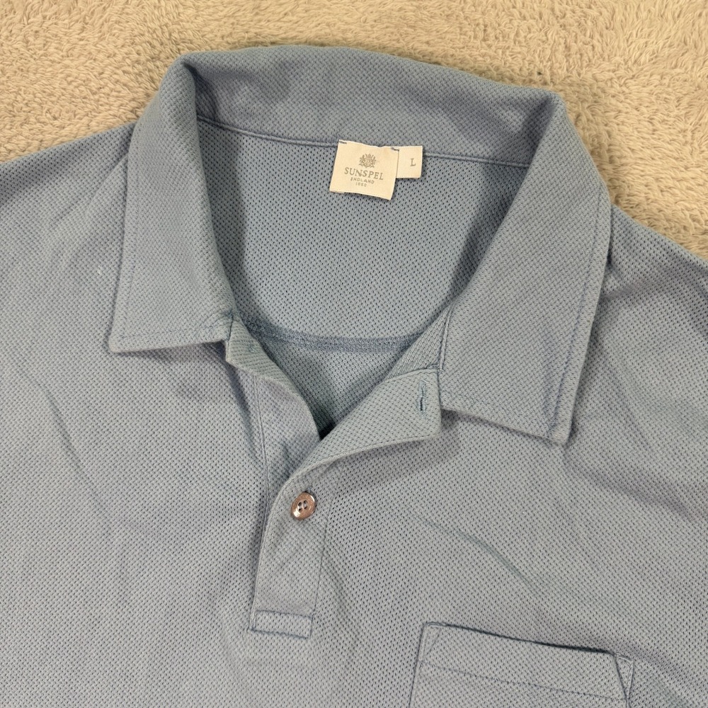 Sunspel England Polo Shirt Cotton Short Sleeve Casual Blue Mens Size Large EUC